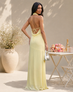 XU00115 Chiffon Halter Neck Tie Back Bias-Cut Sheath Back - Light Yellow