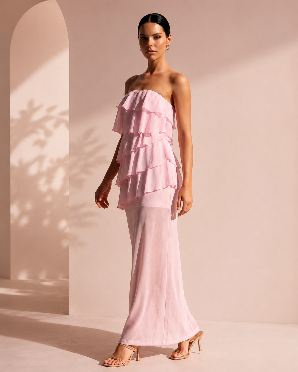 XU00116 Chiffon Strapless Asymmetric Tiered Ruffle Sheath Front - Pink