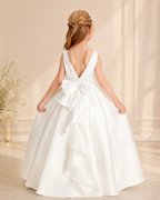 XU00117 Satin Jewel Neck Sleeveless Princess Seams Bow-Back Cascading Ruffle Ball Gown Flower Girl Dress Back - Ivory