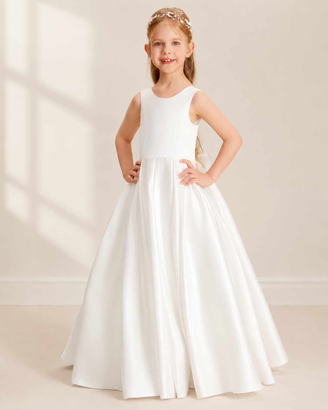 XU00117 Satin Jewel Neck Sleeveless Princess Seams Bow-Back Cascading Ruffle Ball Gown Flower Girl Dress Front - Ivory