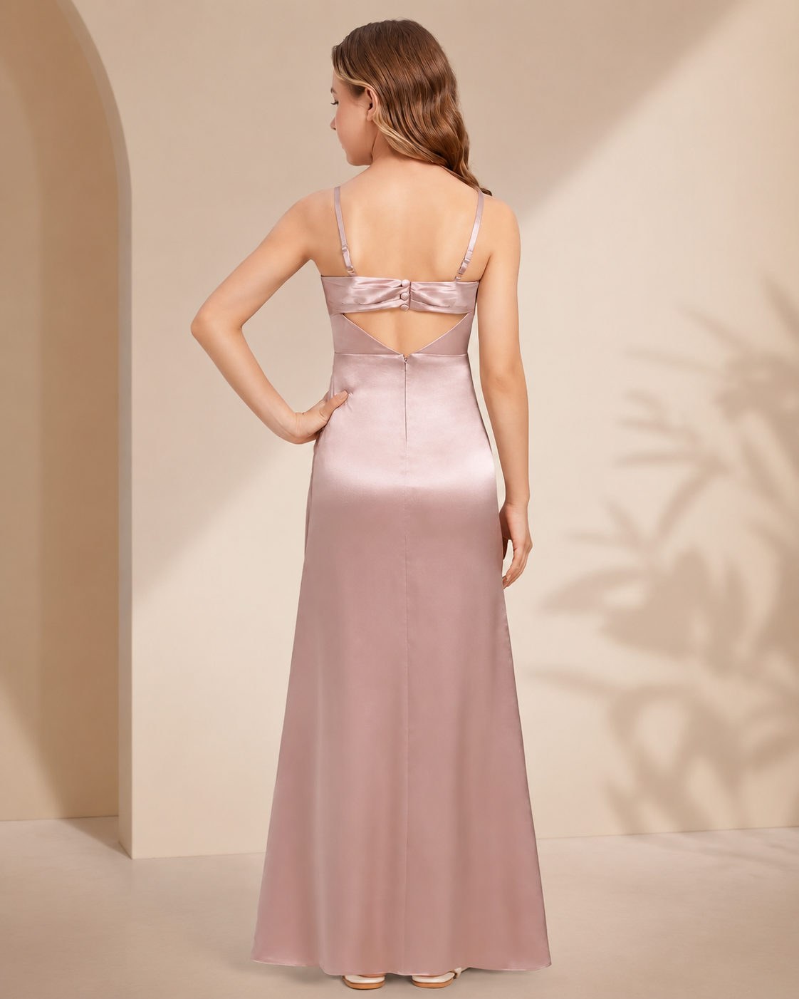 XU00118 Satin Spaghetti Strap Cowl Neck Ruched Bodice Floor-Length Flower Girl Dress Back - Pearl Pink