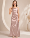 XU00118 Satin Spaghetti Strap Cowl Neck Ruched Bodice Floor-Length Flower Girl Dress Front - Pearl Pink