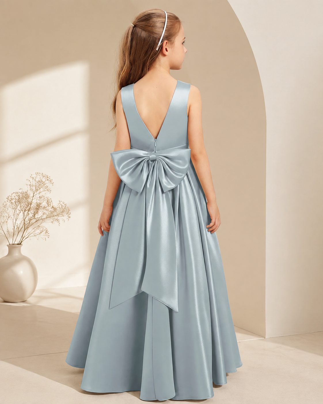 XU00119 Satin Bateau Neck Sleeveless V-Back Bow-Back Pleated A-Line Floor-Length Flower Girl Dress Back - Dusty Blue