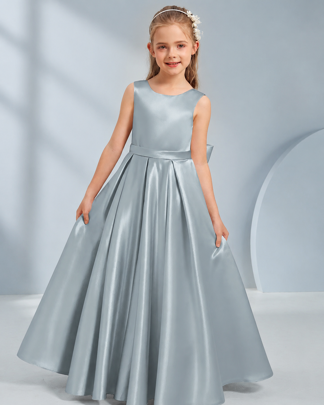 XU00119 Satin Bateau Neck Sleeveless V-Back Bow-Back Pleated A-Line Floor-Length Flower Girl Dress Front - Dusty Blue
