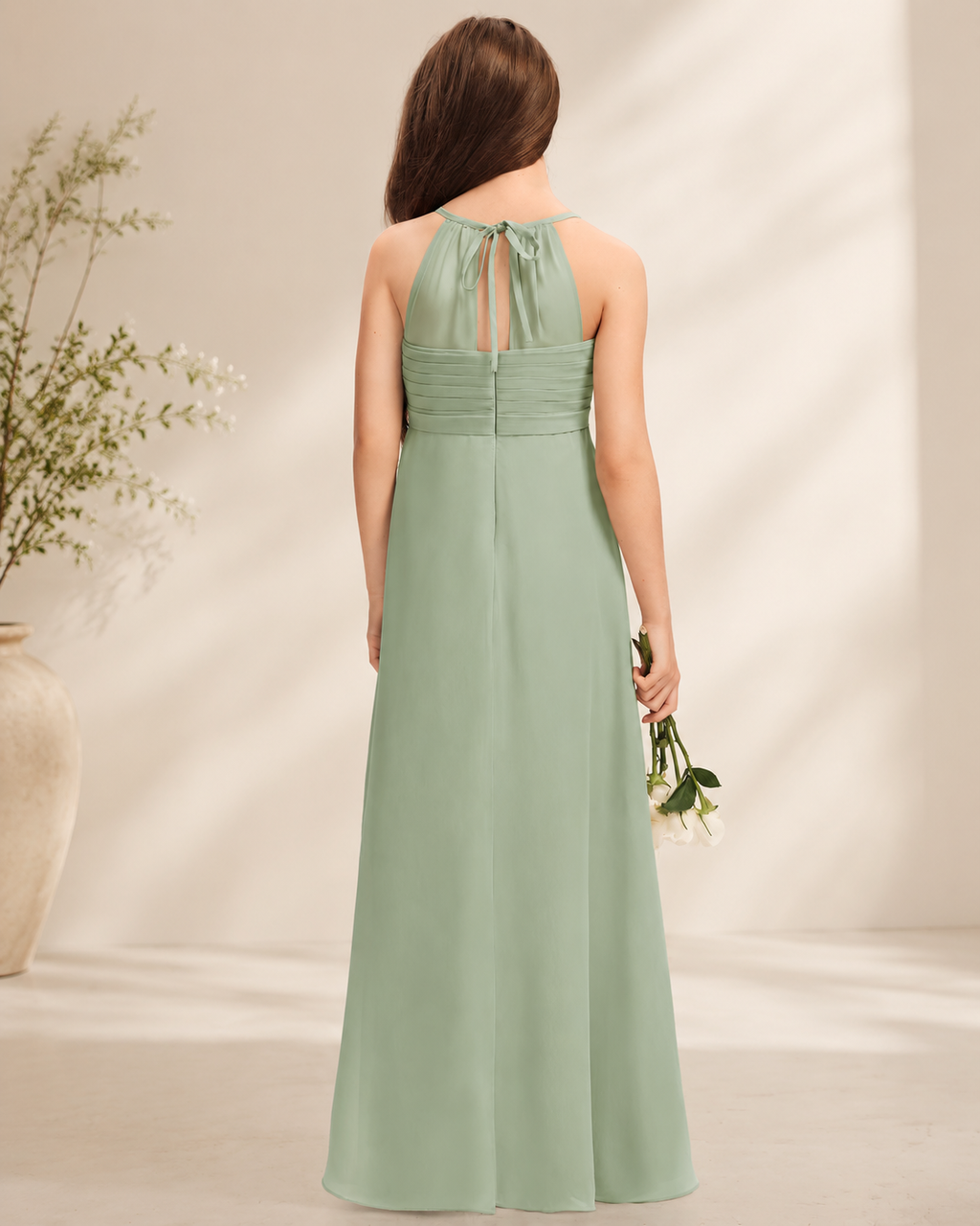 XU00120 Chiffon V-Neck Sleeveless Ruched Bodice Halter Neck Tie-Back Cascading Ruffle Floor-Length Flower Girl Dress Back - Sage Green