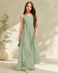 XU00120 Chiffon V-Neck Sleeveless Ruched Bodice Halter Neck Tie-Back Cascading Ruffle Floor-Length Flower Girl Dress Front - Sage Green