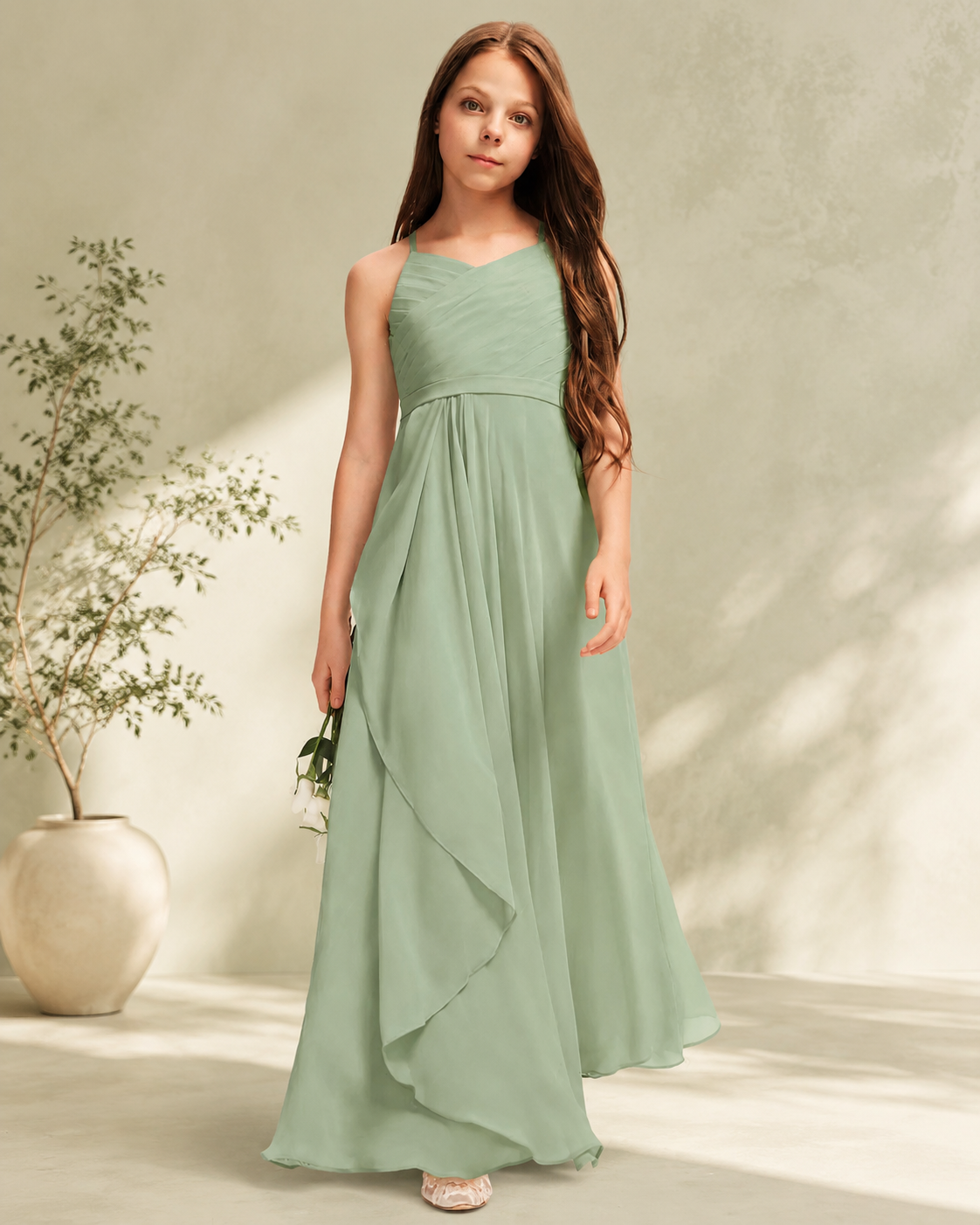 XU00120 Chiffon V-Neck Sleeveless Ruched Bodice Halter Neck Tie-Back Cascading Ruffle Floor-Length Flower Girl Dress Front - Sage Green
