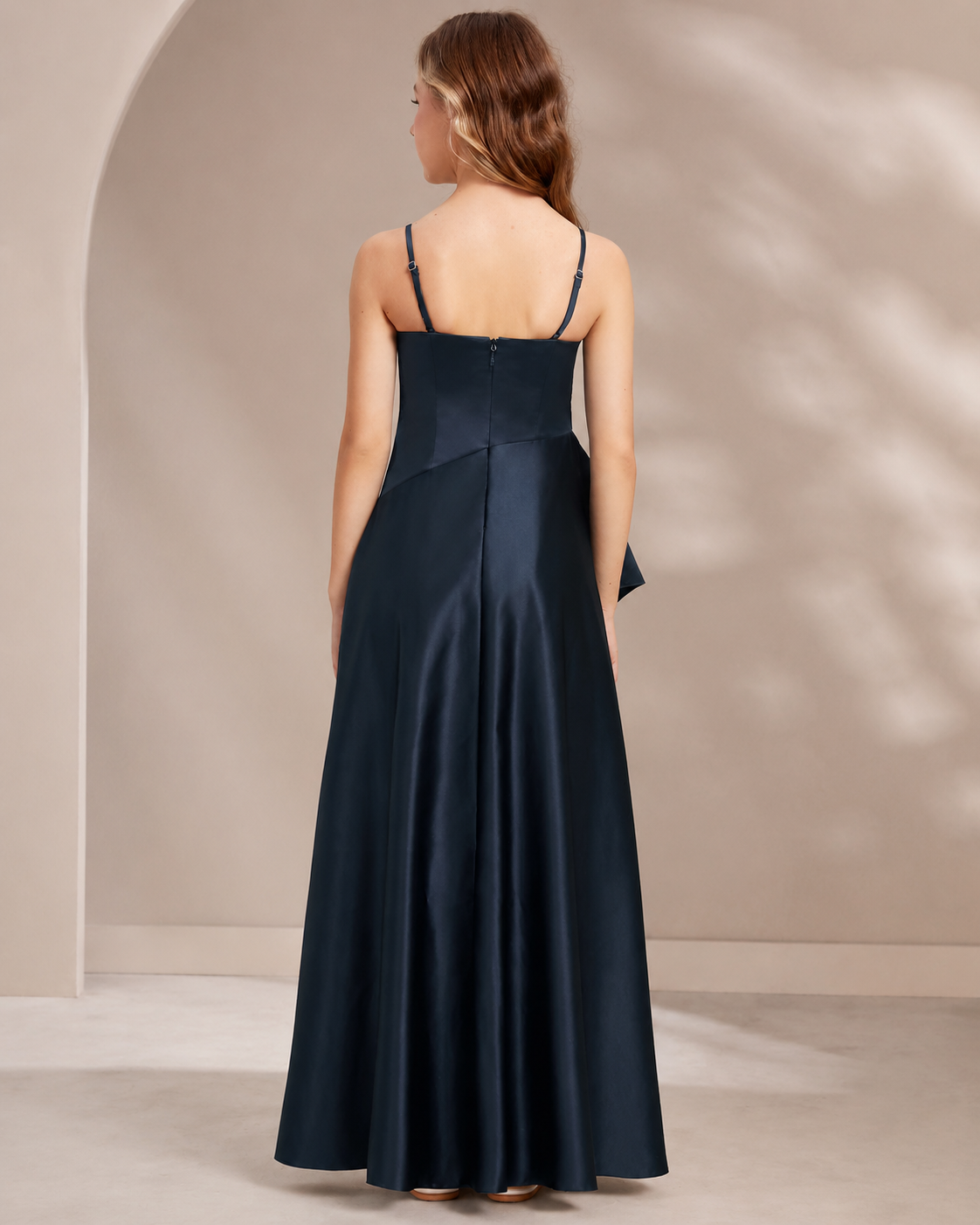 XU00121 Satin Spaghetti Strap V-Neck Drop Waist Hi-Low Hem Floor-Length Flower Girl Dress Back - Dark Navy