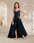 XU00121 Satin Spaghetti Strap V-Neck Drop Waist Hi-Low Hem Floor-Length Flower Girl Dress Front - Dark Navy