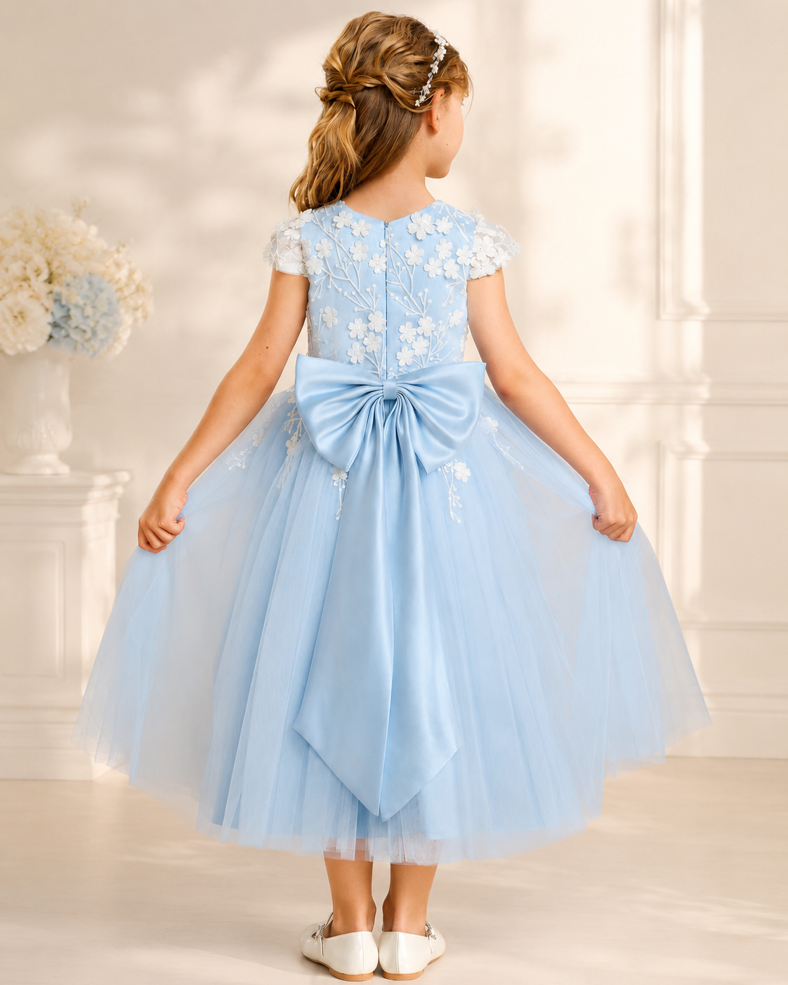 XU00122 Tulle Cap Sleeve Jewel Neck 3D Floral Applique Bow-Back Tea-Length Flower Girl Dress Back - Light Blue
