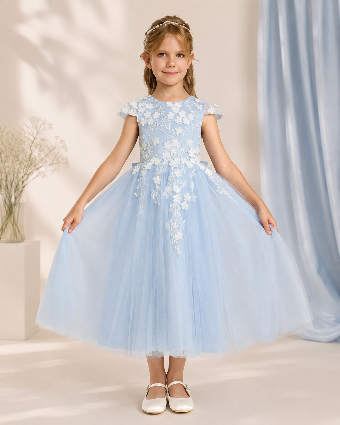 XU00122 Tulle Cap Sleeve Jewel Neck 3D Floral Applique Bow-Back Tea-Length Flower Girl Dress Front - Light Blue
