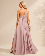 XU00123 Chiffon One-Shoulder Ruched Bodice Empire Sash Tie A-Line Side Slit Floor-Length Maternity Bridesmaid Dress Back - Dusty Rose