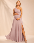 XU00123 Chiffon One-Shoulder Ruched Bodice Empire Sash Tie A-Line Side Slit Floor-Length Maternity Bridesmaid Dress Front - Dusty Rose