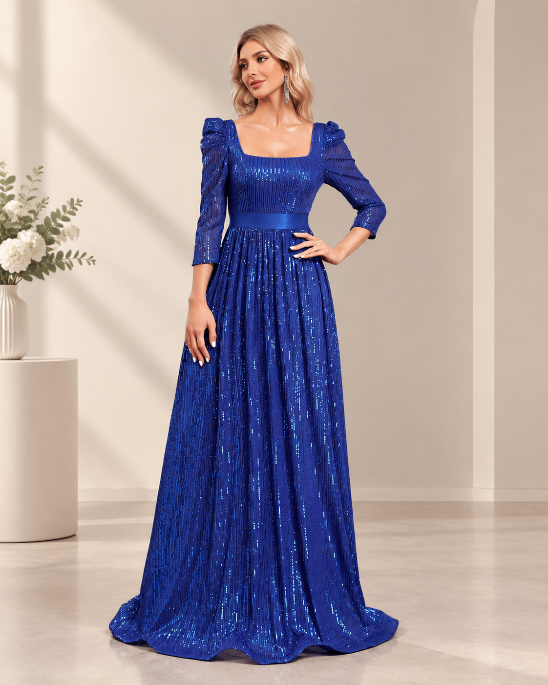 XU00182 Sequin Square Neck Gown
