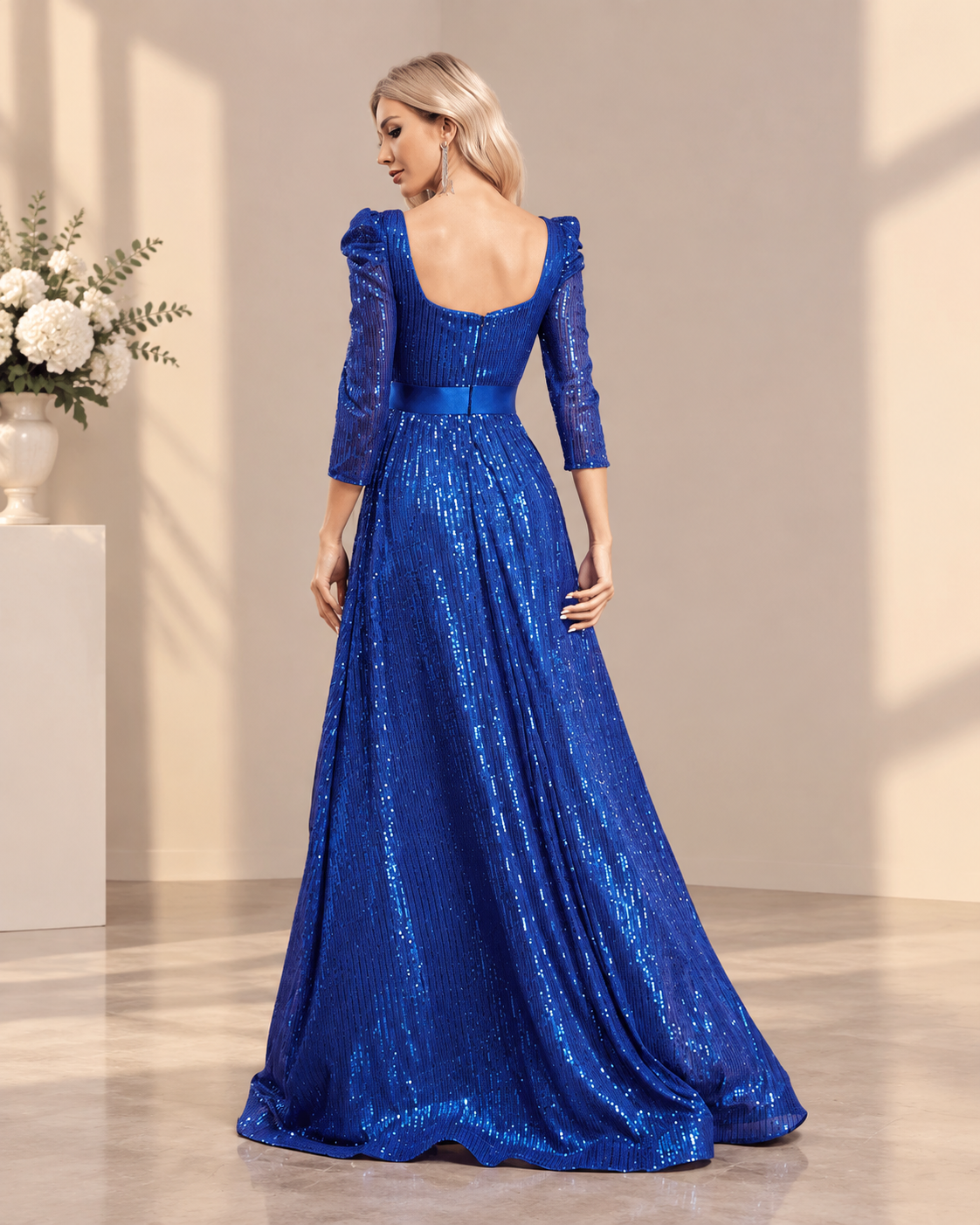 XU00182 Sequin Square Neck Gown