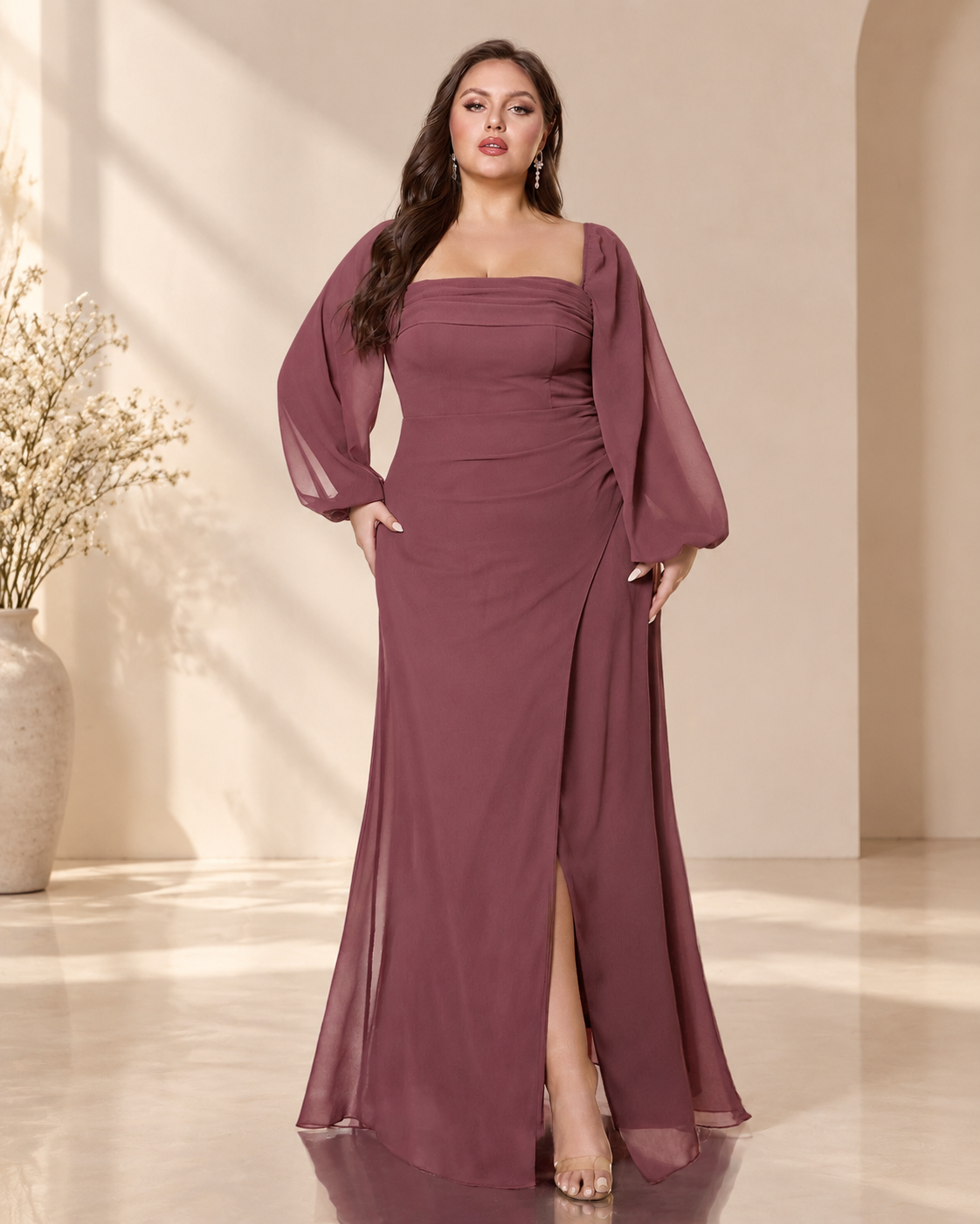 XU00183 Plus Size Chiffon Lantern Sleeve Gown