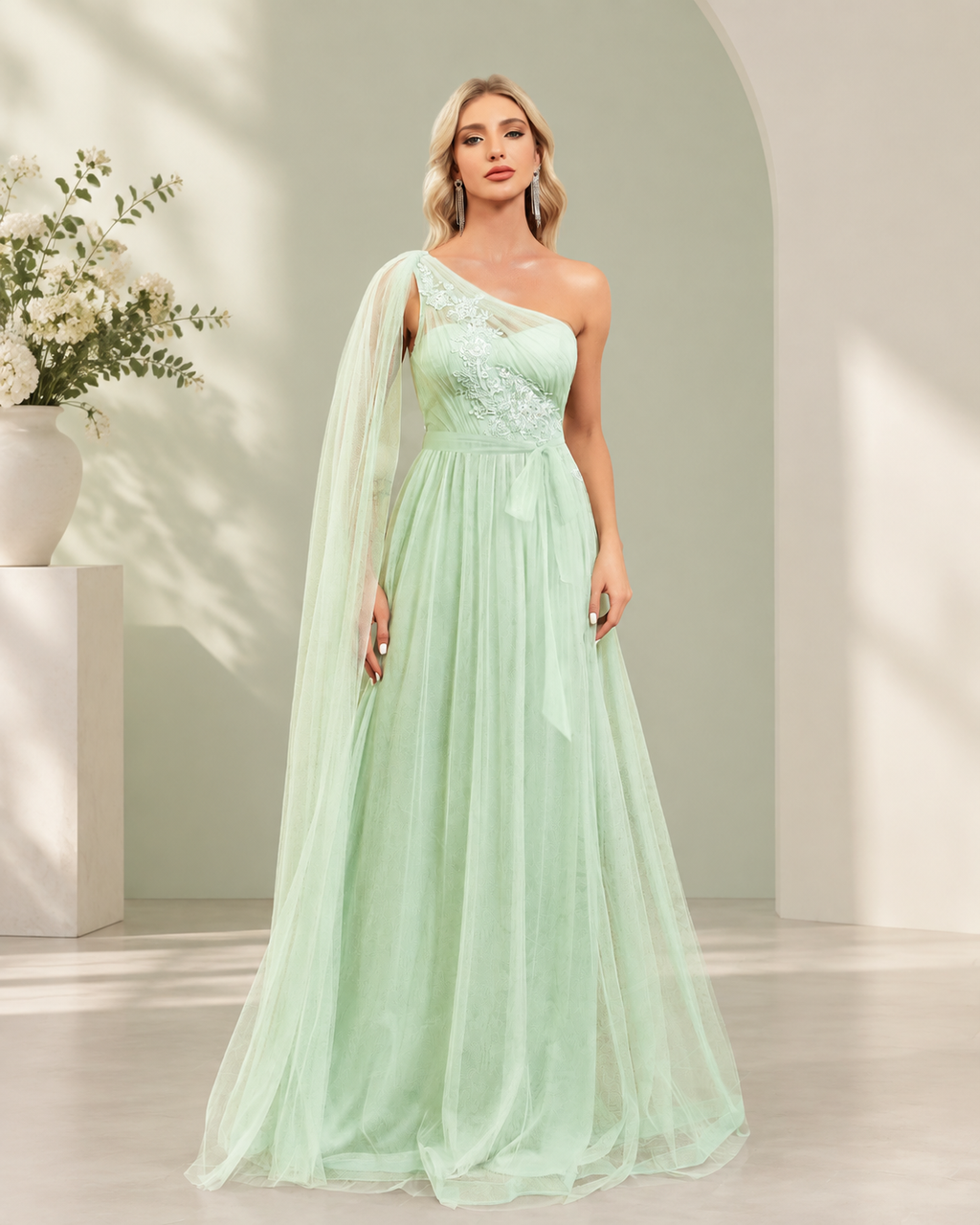 XU00184 Chiffon One-Shoulder Lace Gown