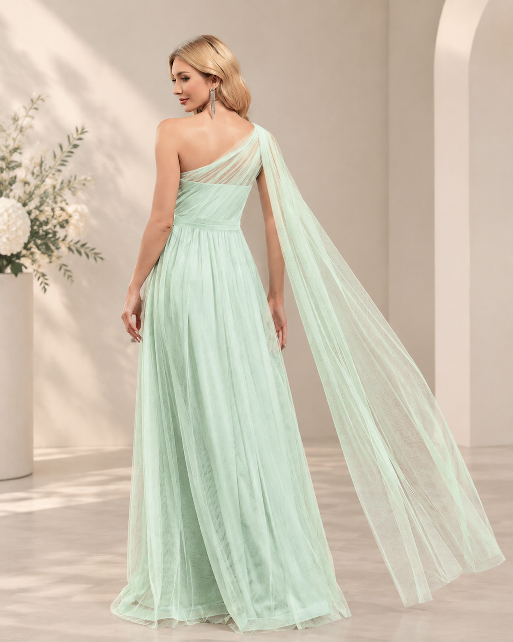 XU00184 Chiffon One-Shoulder Lace Gown