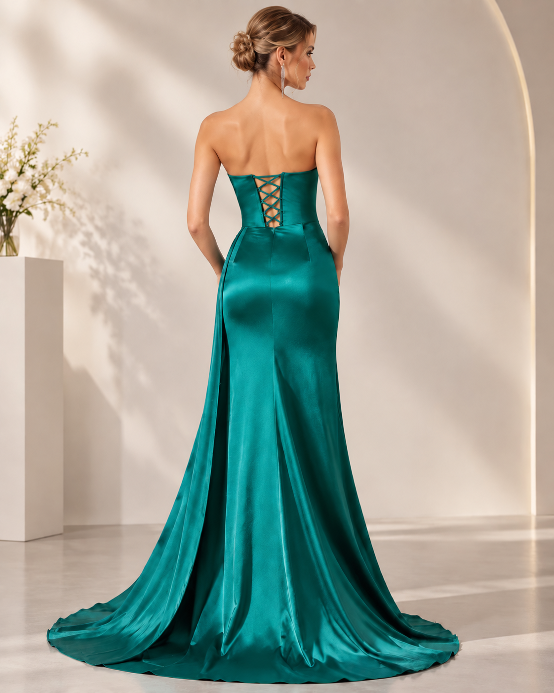 Teal satin strapless corset evening gown - back view with lace-up corset
