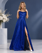 Sequin square neck 3/4 sleeve empire waist A-line gown - front view