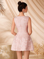 Pink lace bateau neckline fit-and-flare mini dress - back view