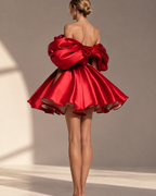 Satin off-shoulder puff sleeve fit-and-flare mini cocktail dress - back view in red