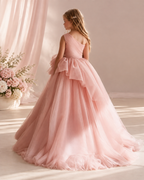 Tulle one-shoulder cascading ruffle floor-length flower girl dress - back view in blush pink