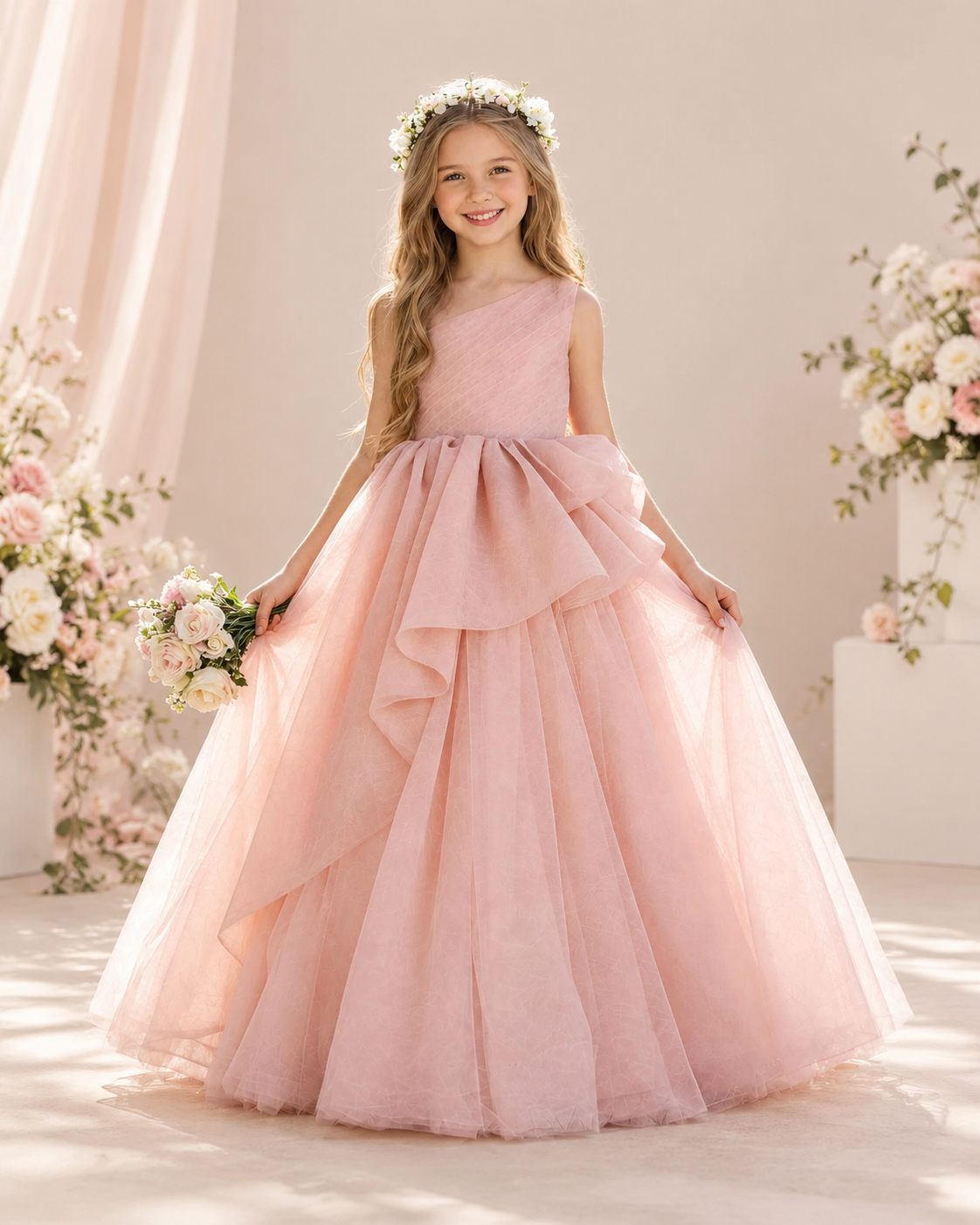 Tulle one-shoulder cascading ruffle floor-length flower girl dress - front view in blush pink