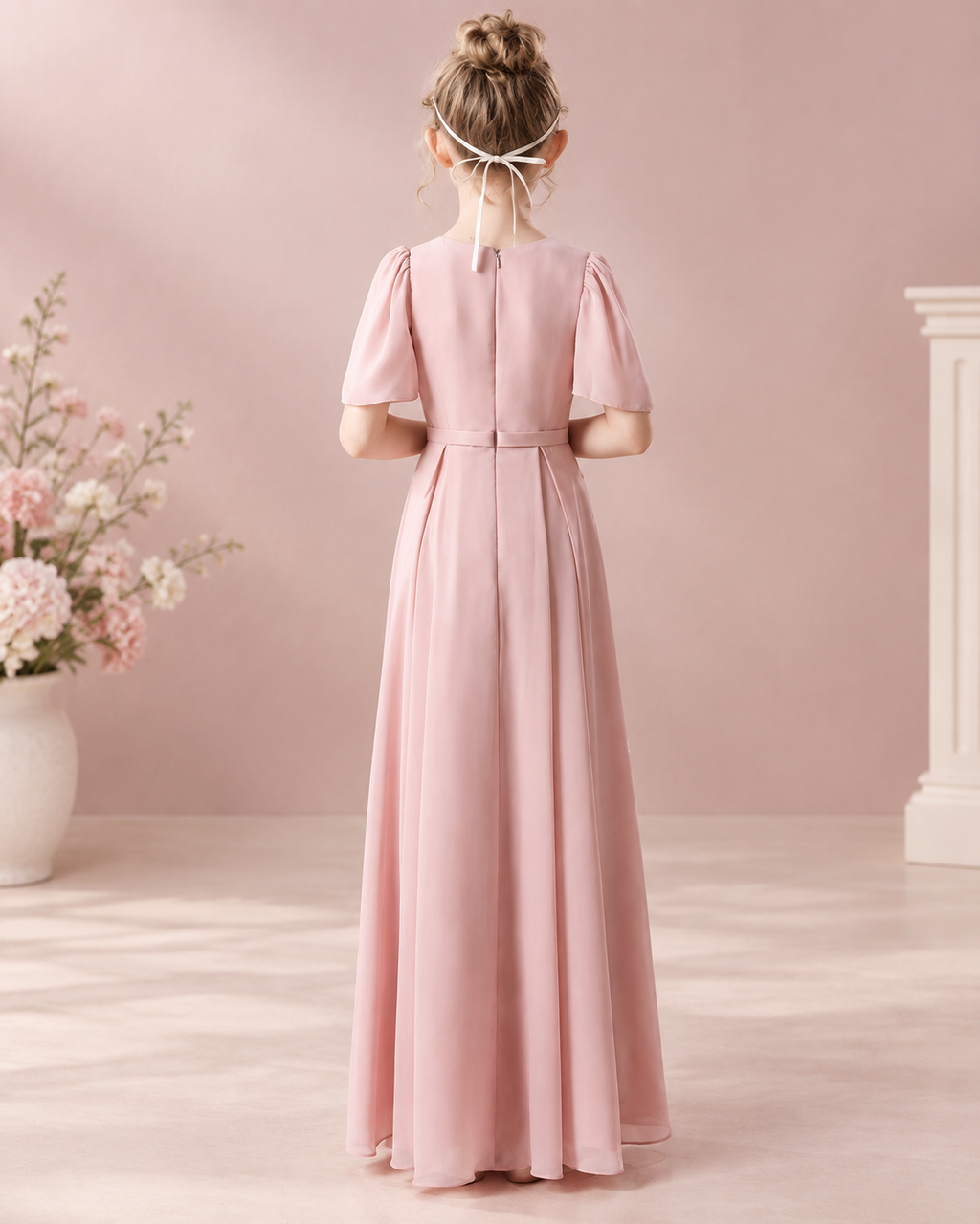 Chiffon V-neck short flutter sleeve belted A-line floor-length flower girl dress - back view in blush pink