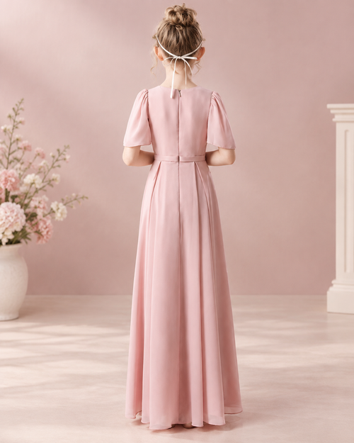 Chiffon V-neck short flutter sleeve belted A-line floor-length flower girl dress - back view in blush pink