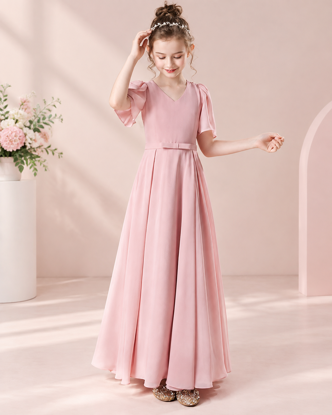 Chiffon V-neck short flutter sleeve belted A-line floor-length flower girl dress - front view in blush pink