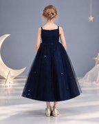 Tulle spaghetti strap V-neck satin rosette bow tea-length flower girl dress - back view in navy
