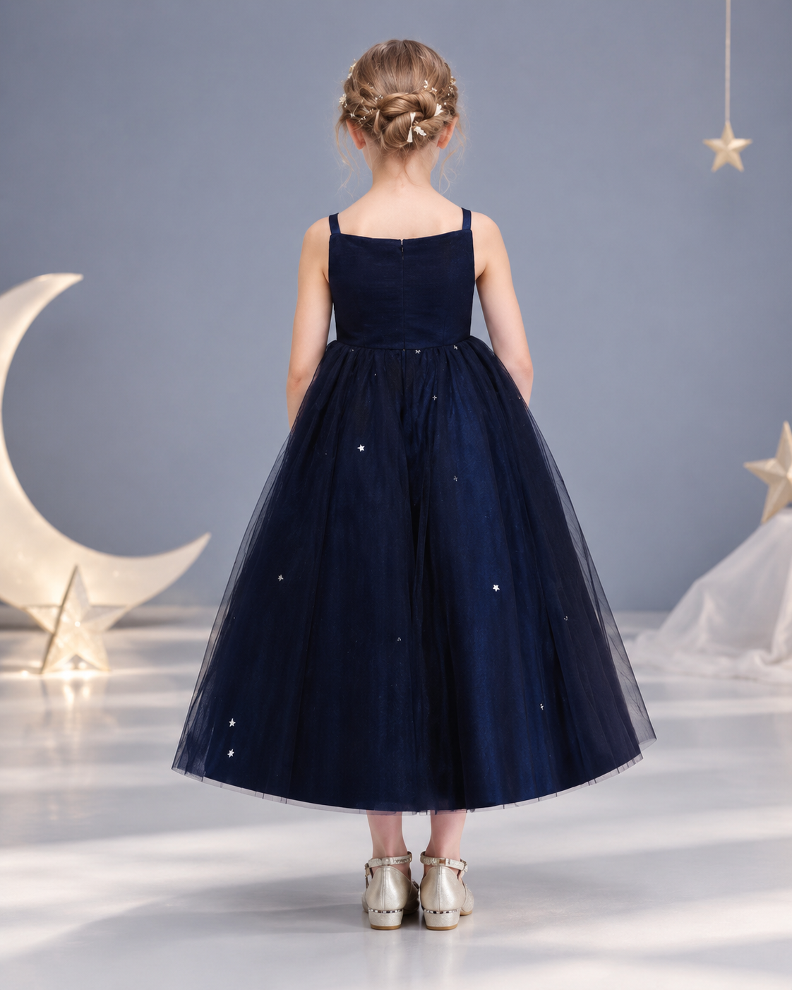 Tulle spaghetti strap V-neck satin rosette bow tea-length flower girl dress - back view in navy