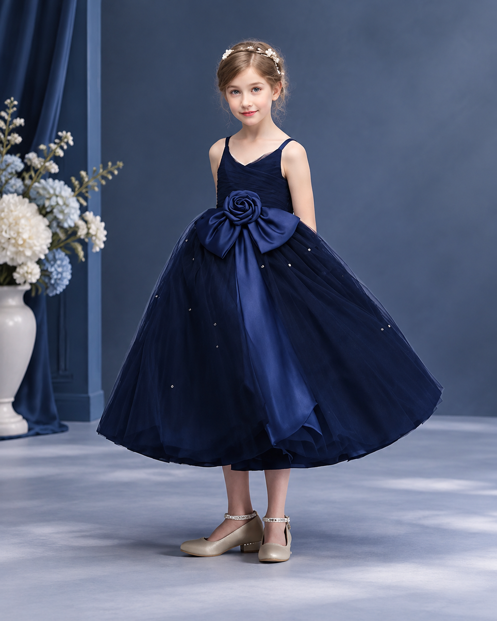 Tulle spaghetti strap V-neck satin rosette bow tea-length flower girl dress - front view in navy