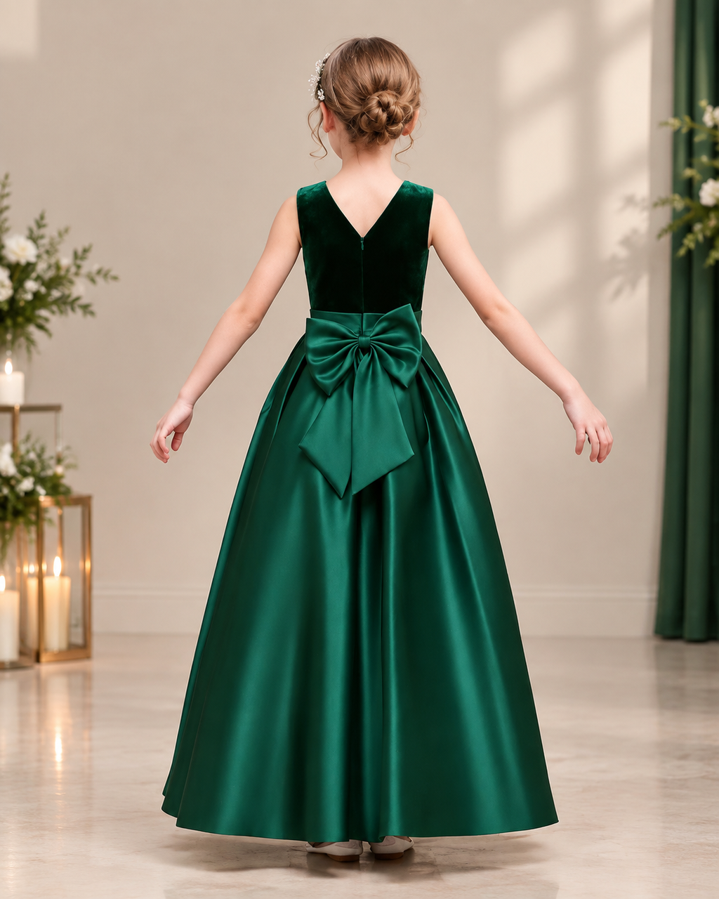Velvet bateau neckline satin bow-back floor-length flower girl dress - back view in hunter green