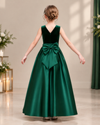 Velvet bateau neckline satin bow-back floor-length flower girl dress - back view in hunter green