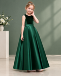 Velvet bateau neckline satin bow-back floor-length flower girl dress - front view in hunter green
