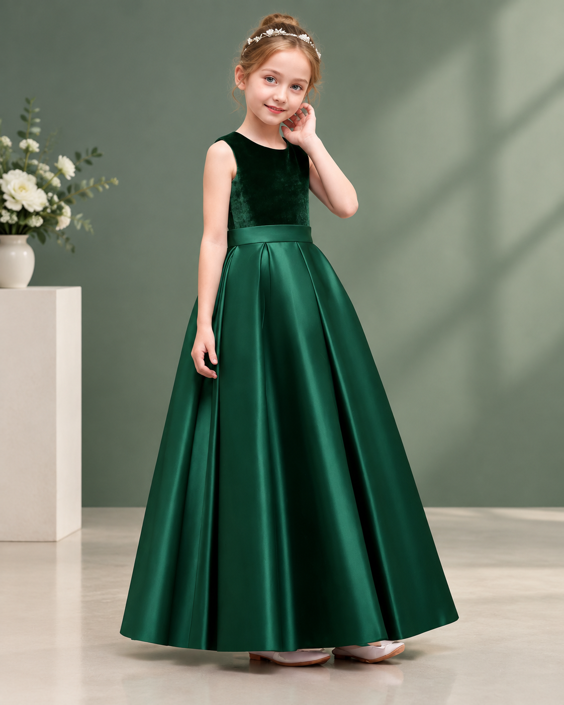 Velvet bateau neckline satin bow-back floor-length flower girl dress - front view in hunter green