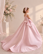 Satin square neckline embellished bodice bow-pickup ball gown flower girl dress - back view in blush pink