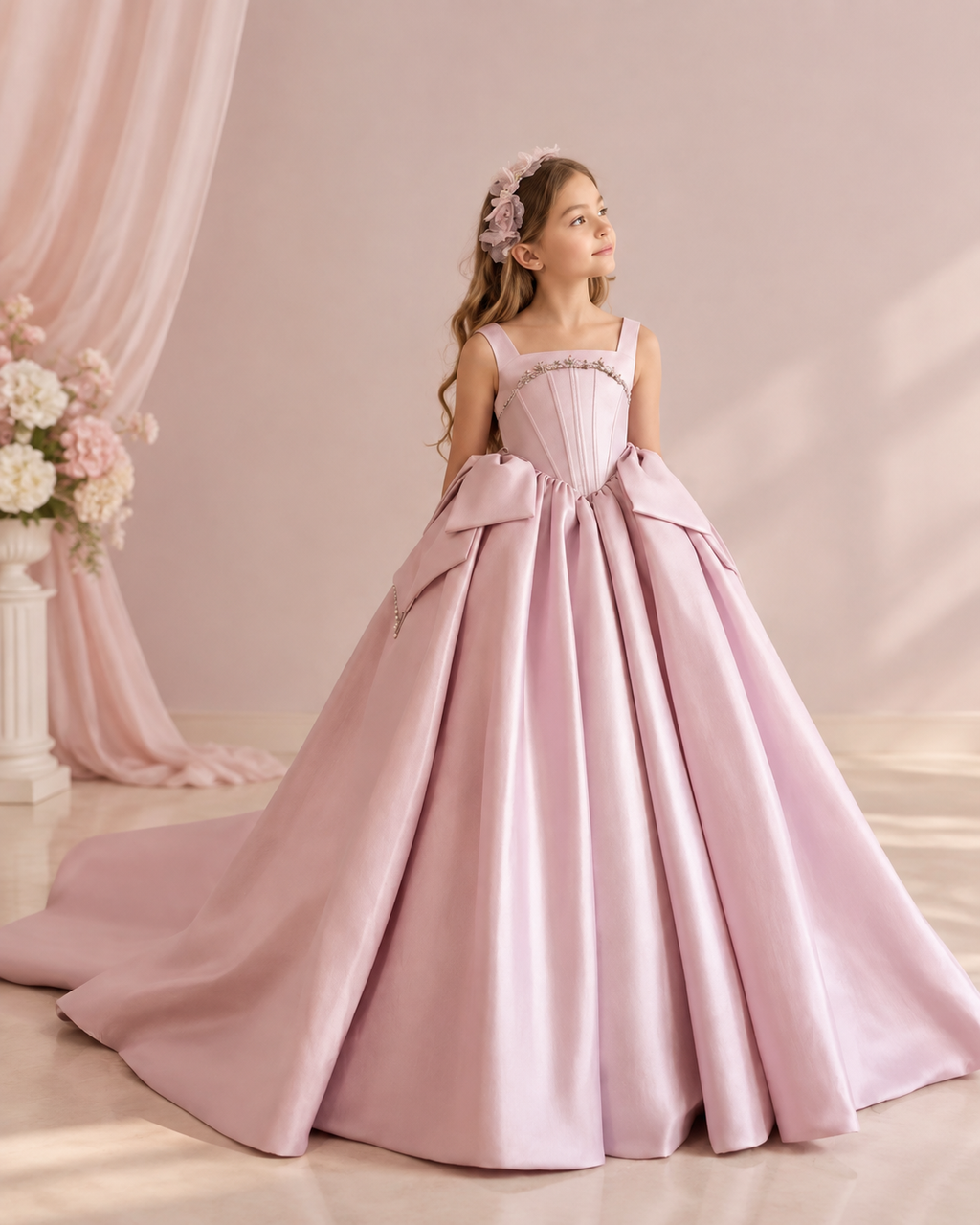 Satin square neckline embellished bodice bow-pickup ball gown flower girl dress - front view in blush pink