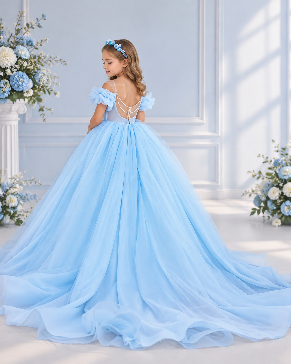 Tulle off-shoulder beaded corset bodice pearl-back ball gown flower girl dress - back view in light blue