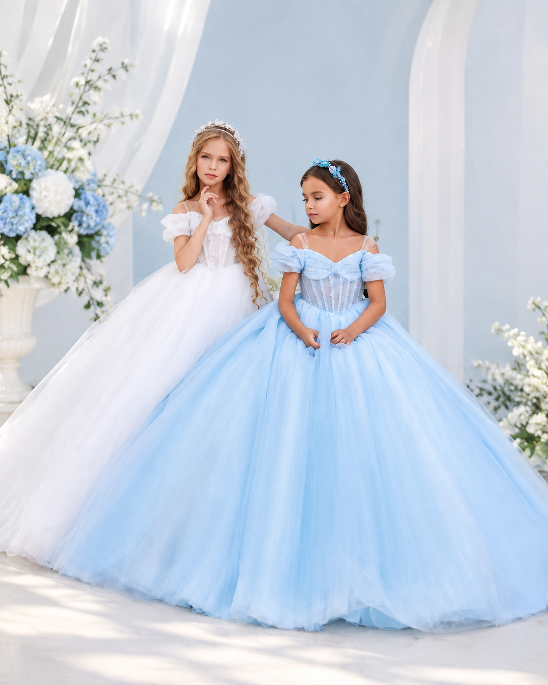 Tulle off-shoulder beaded corset bodice pearl-back ball gown flower girl dress - front view in light blue