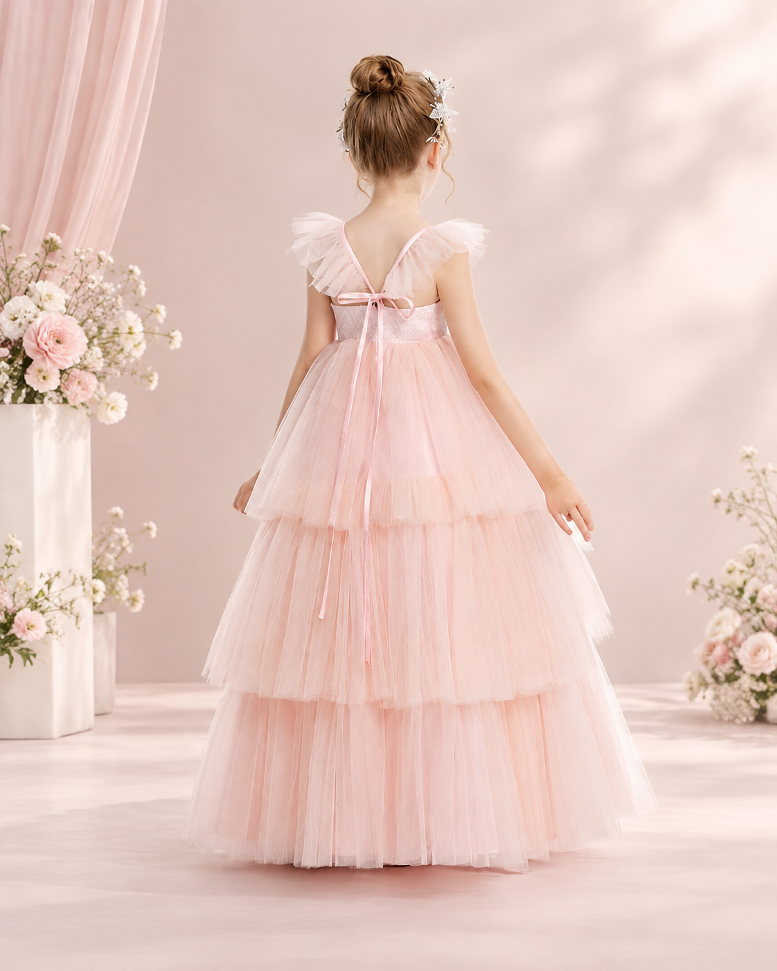 Lace applique tulle flutter sleeve tiered ruffle floor-length flower girl dress - back view in pink