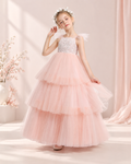 Lace applique tulle flutter sleeve tiered ruffle floor-length flower girl dress - front view in pink