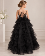 Black floral lace applique tulle illusion back tiered ruffle ball gown flower girl dress - back view in black