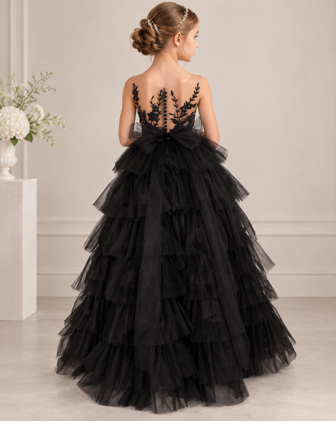 Black floral lace applique tulle illusion back tiered ruffle ball gown flower girl dress - back view in black