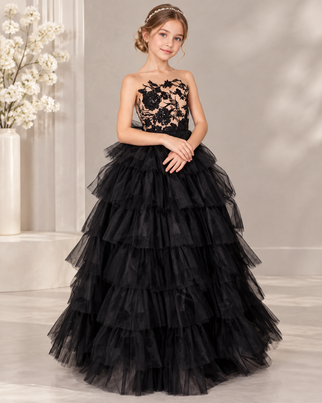 Black floral lace applique tulle illusion back tiered ruffle ball gown flower girl dress - front view in black