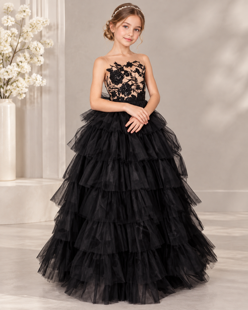 Black floral lace applique tulle illusion back tiered ruffle ball gown flower girl dress - front view in black
