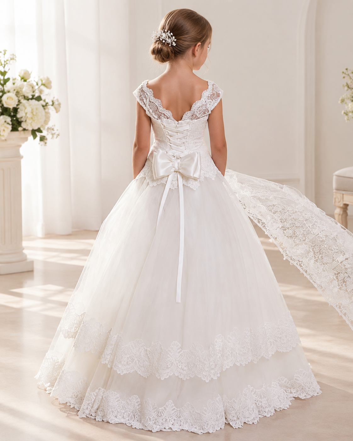 Lace cap sleeve corset lace-up back satin bow tiered ruffle floor-length flower girl dress - back view in ivory