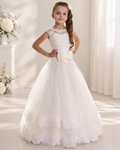 Lace cap sleeve corset lace-up back satin bow tiered ruffle floor-length flower girl dress - front view in ivory